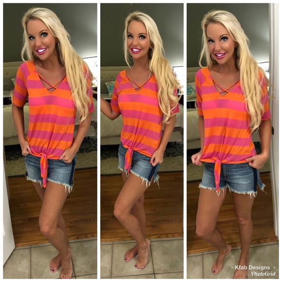 🛍LAST 1! Pink/Orange Striped Knot Front Tunic! - Picture 2 of 6